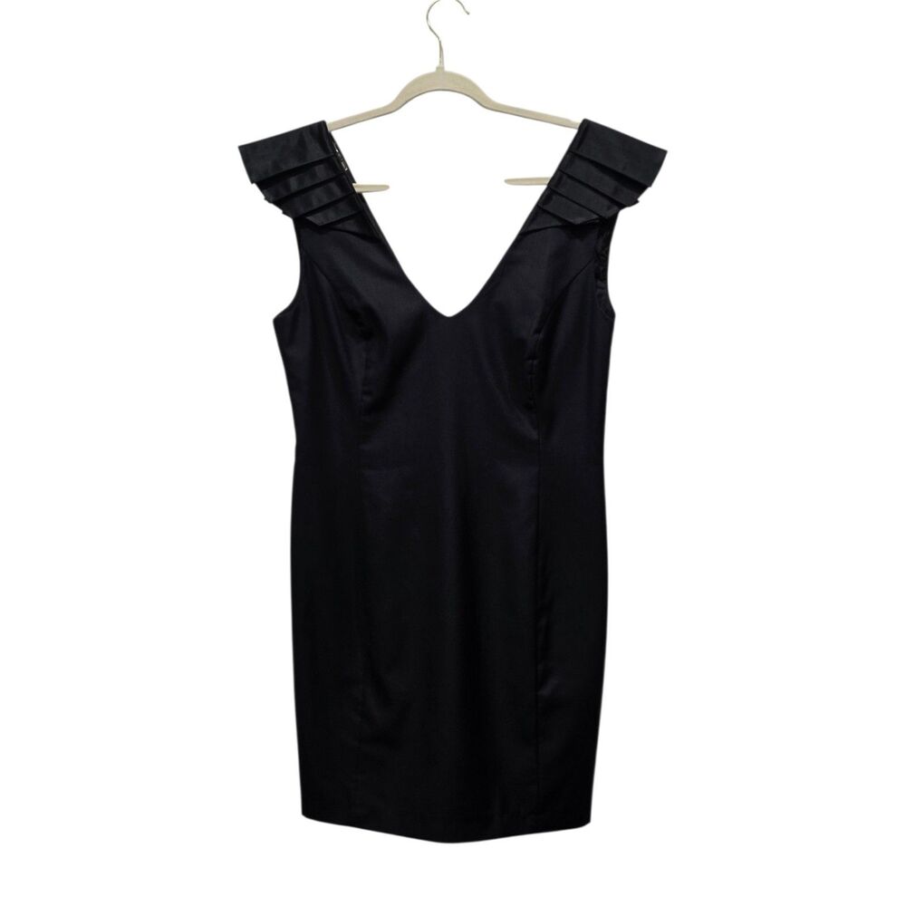 Gestuz G-Holly Black Cocktail Dress 42 Satin Pleated Shoulder V Neck LBD